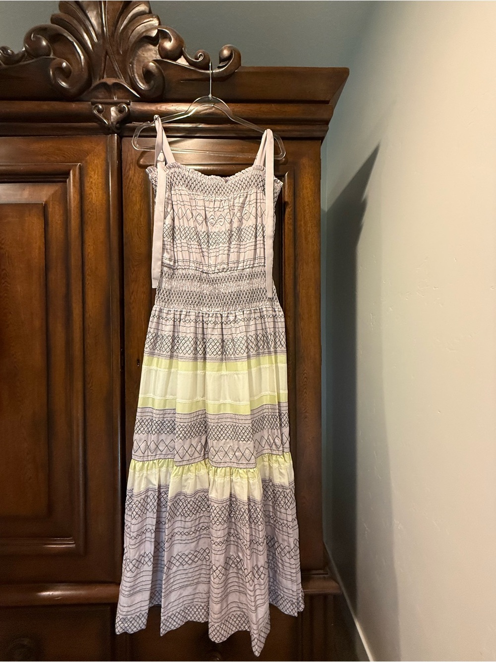 Tory Burch Silk Lavender and Citron Smocked Tiered Maxi Dress